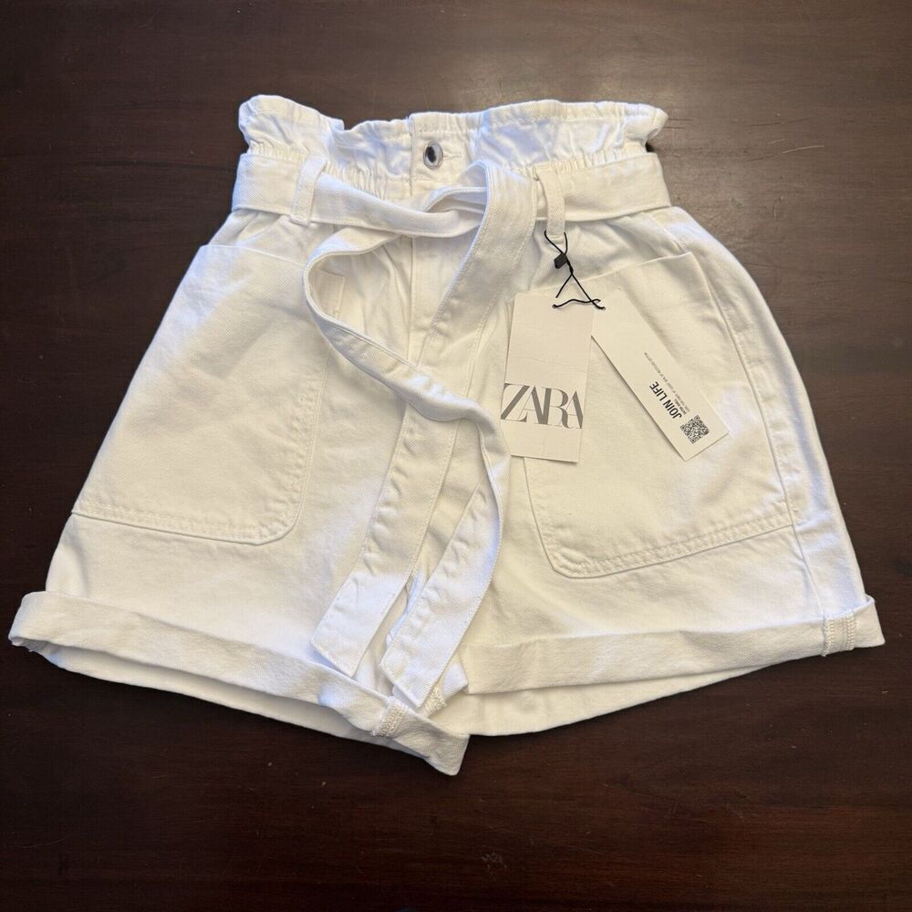 ZARA Hi Rise Rigid Paperbag Shorts White Denim Belt Size 2‎ Cotton Pockets Cuff